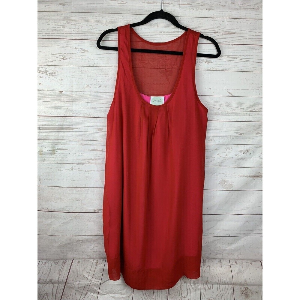 Pearle 88 Dress Womens Large Red Pink Sleeveless Sheer Overlay PR1002 Shift